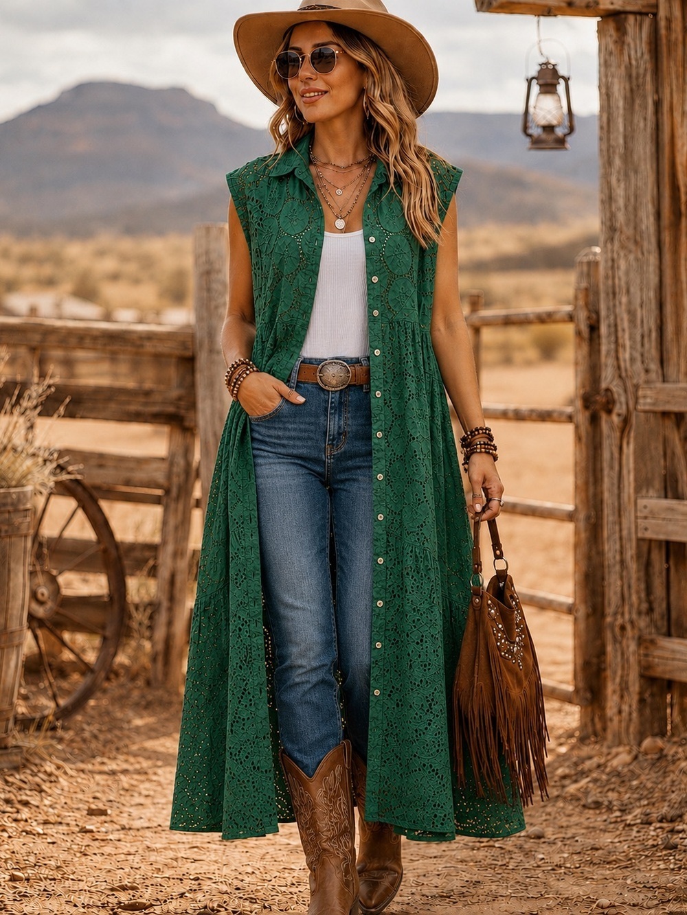 Jaded Gypsy Sleeveless Kelly Green Eyelet Button-Front Midi Dress L/XL